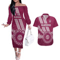 Custom QLD Maroons Rugby Couples Matching Off The Shoulder Long Sleeve Dress and Hawaiian Shirt Aussie Aboriginal Mix Polynesian Pattern