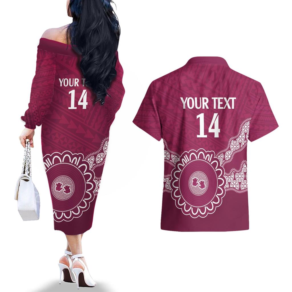Custom QLD Maroons Rugby Couples Matching Off The Shoulder Long Sleeve Dress and Hawaiian Shirt Aussie Aboriginal Mix Polynesian Pattern