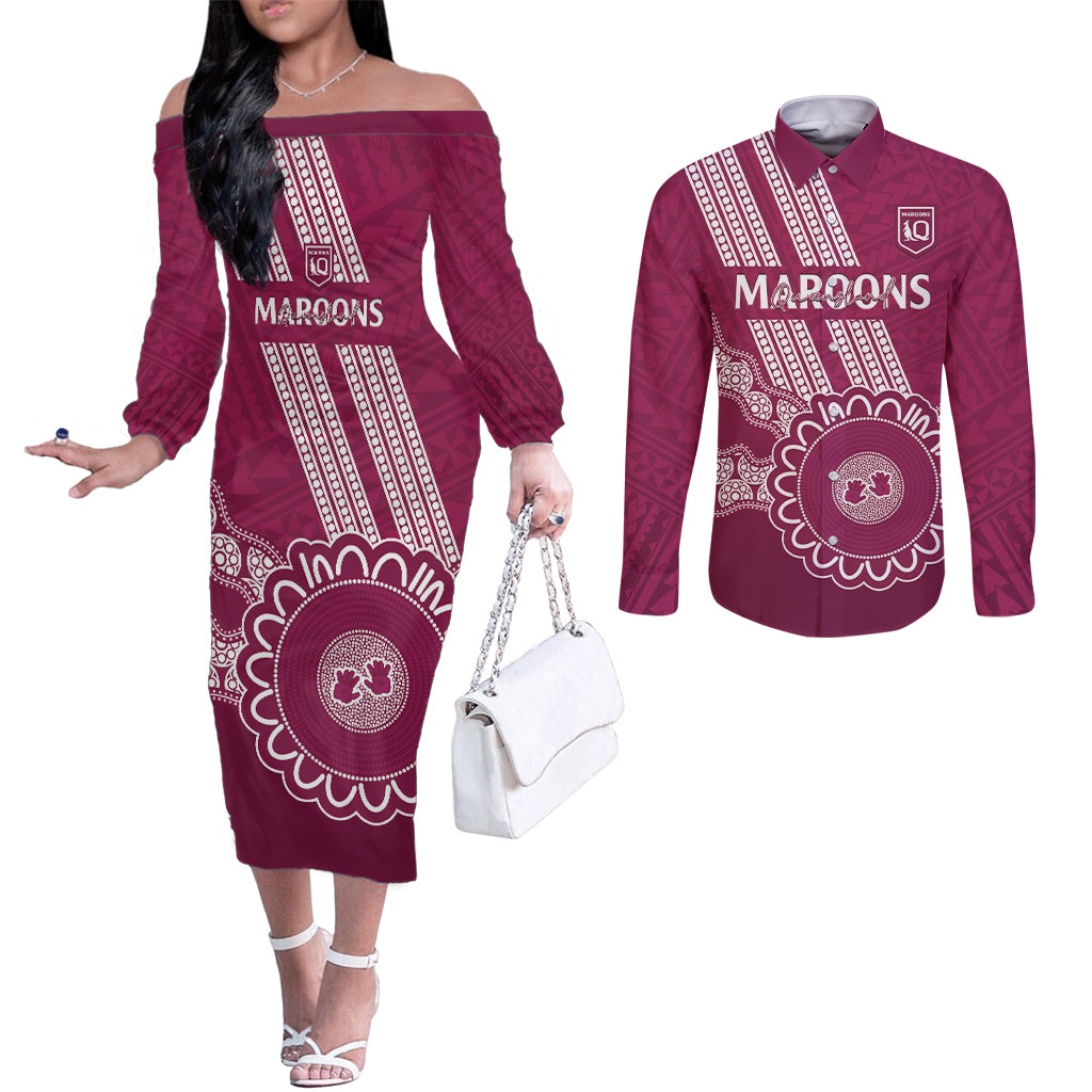 Custom QLD Maroons Rugby Couples Matching Off The Shoulder Long Sleeve Dress and Long Sleeve Button Shirt Aussie Aboriginal Mix Polynesian Pattern
