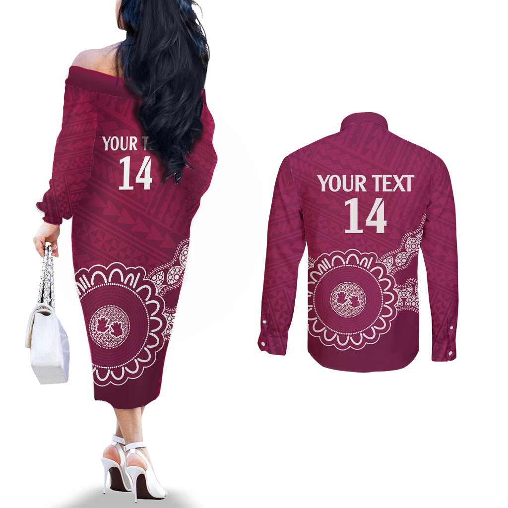Custom QLD Maroons Rugby Couples Matching Off The Shoulder Long Sleeve Dress and Long Sleeve Button Shirt Aussie Aboriginal Mix Polynesian Pattern