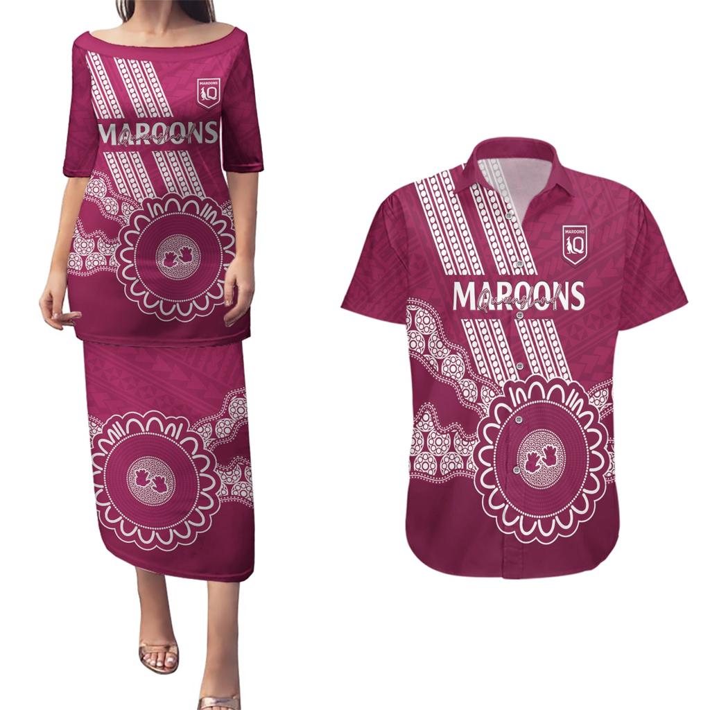 Custom QLD Maroons Rugby Couples Matching Puletasi and Hawaiian Shirt Aussie Aboriginal Mix Polynesian Pattern