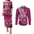 Custom QLD Maroons Rugby Couples Matching Puletasi and Long Sleeve Button Shirt Aussie Aboriginal Mix Polynesian Pattern