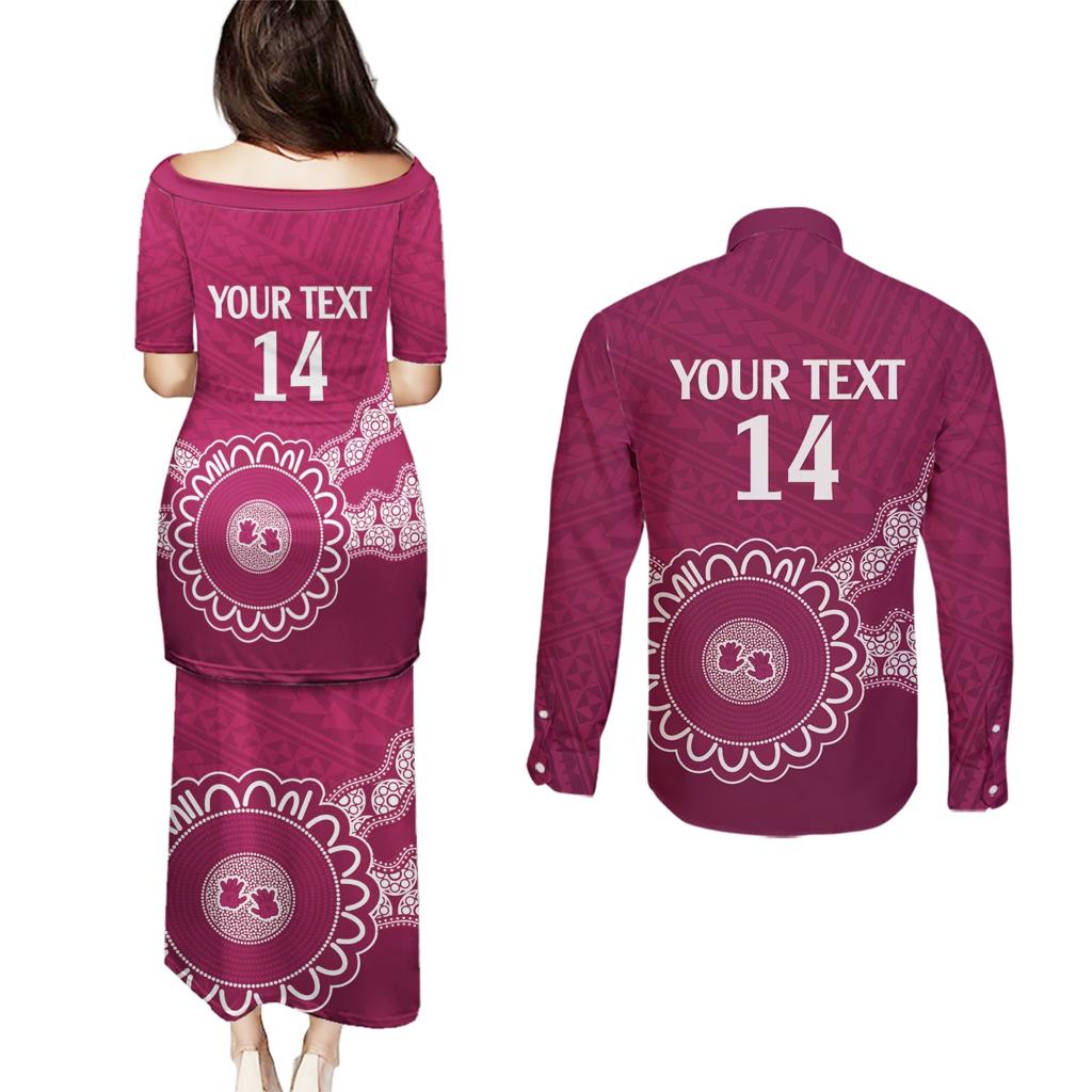Custom QLD Maroons Rugby Couples Matching Puletasi and Long Sleeve Button Shirt Aussie Aboriginal Mix Polynesian Pattern