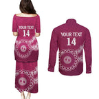 Custom QLD Maroons Rugby Couples Matching Puletasi and Long Sleeve Button Shirt Aussie Aboriginal Mix Polynesian Pattern