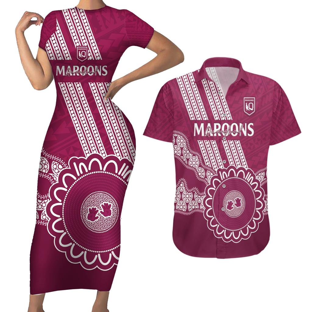Custom QLD Maroons Rugby Couples Matching Short Sleeve Bodycon Dress and Hawaiian Shirt Aussie Aboriginal Mix Polynesian Pattern