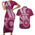 Custom QLD Maroons Rugby Couples Matching Short Sleeve Bodycon Dress and Hawaiian Shirt Aussie Aboriginal Mix Polynesian Pattern