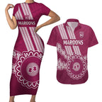 Custom QLD Maroons Rugby Couples Matching Short Sleeve Bodycon Dress and Hawaiian Shirt Aussie Aboriginal Mix Polynesian Pattern