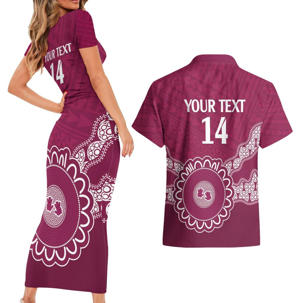 Custom QLD Maroons Rugby Couples Matching Short Sleeve Bodycon Dress and Hawaiian Shirt Aussie Aboriginal Mix Polynesian Pattern