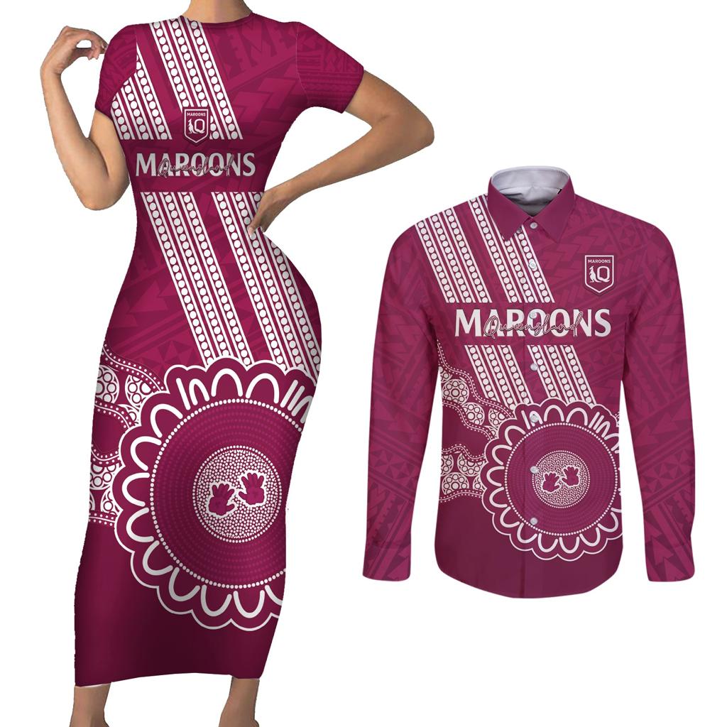 Custom QLD Maroons Rugby Couples Matching Short Sleeve Bodycon Dress and Long Sleeve Button Shirt Aussie Aboriginal Mix Polynesian Pattern