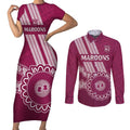 Custom QLD Maroons Rugby Couples Matching Short Sleeve Bodycon Dress and Long Sleeve Button Shirt Aussie Aboriginal Mix Polynesian Pattern