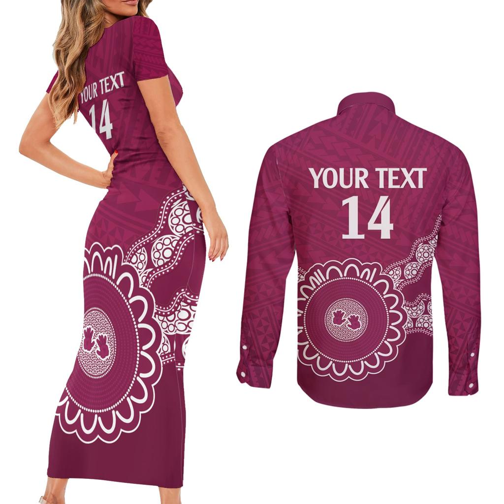 Custom QLD Maroons Rugby Couples Matching Short Sleeve Bodycon Dress and Long Sleeve Button Shirt Aussie Aboriginal Mix Polynesian Pattern