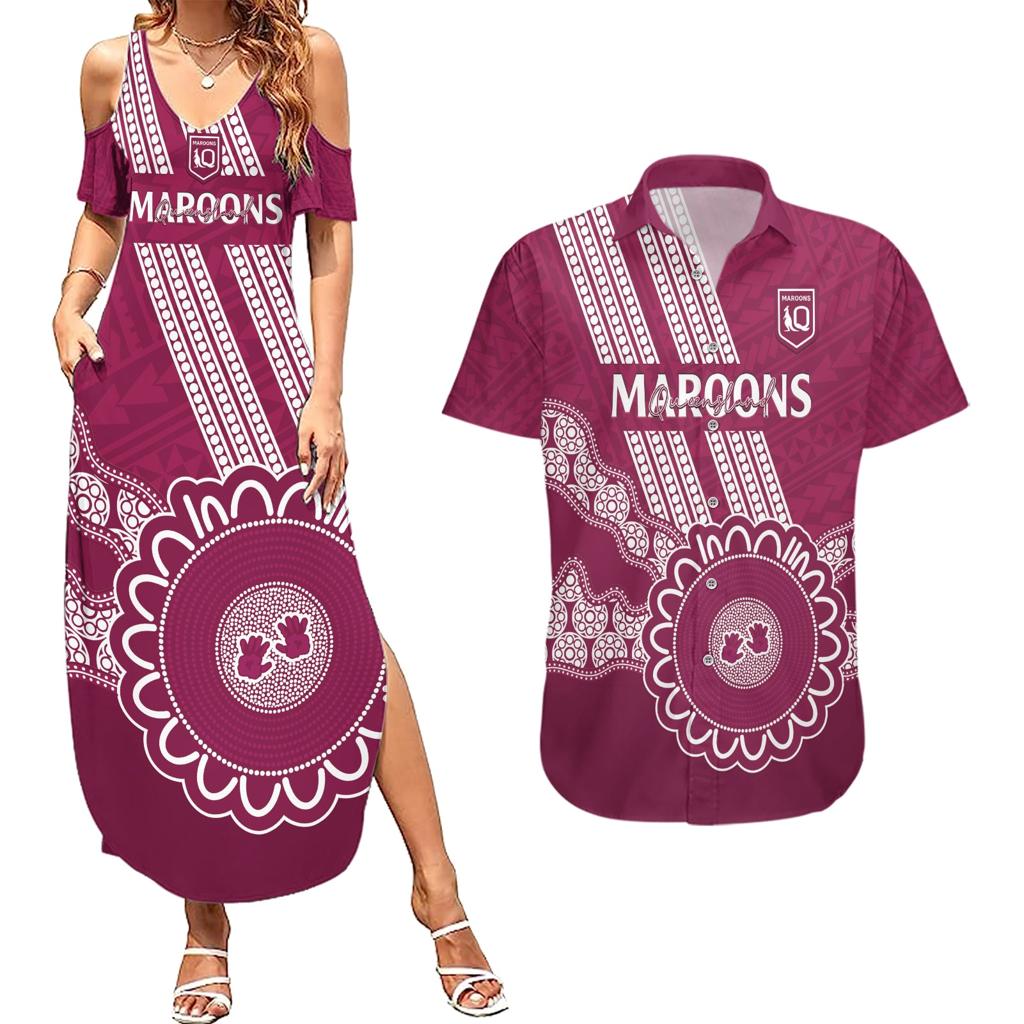 Custom QLD Maroons Rugby Couples Matching Summer Maxi Dress and Hawaiian Shirt Aussie Aboriginal Mix Polynesian Pattern
