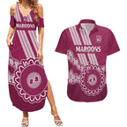 Custom QLD Maroons Rugby Couples Matching Summer Maxi Dress and Hawaiian Shirt Aussie Aboriginal Mix Polynesian Pattern