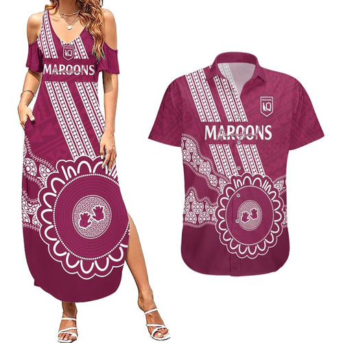 Custom QLD Maroons Rugby Couples Matching Summer Maxi Dress and Hawaiian Shirt Aussie Aboriginal Mix Polynesian Pattern