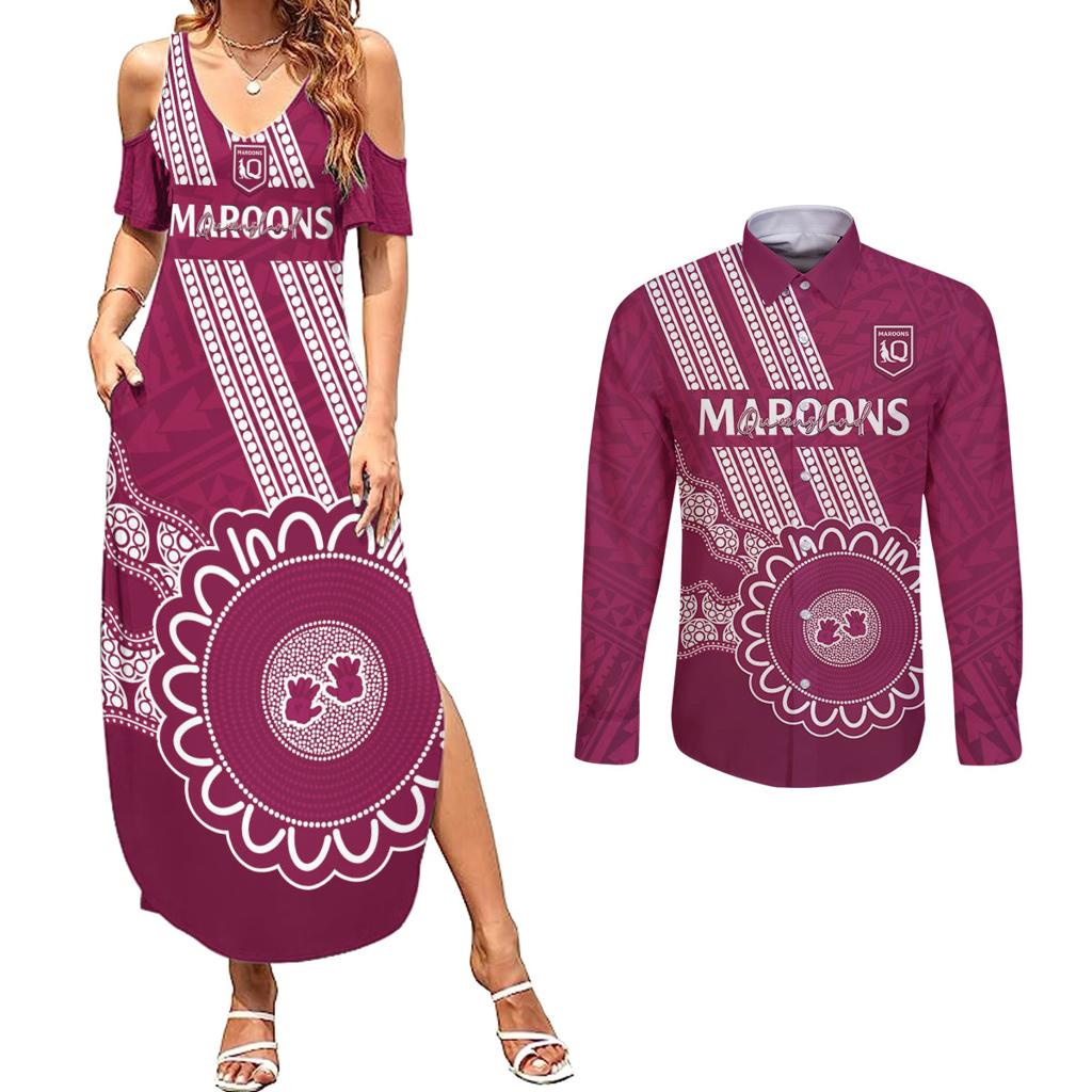 Custom QLD Maroons Rugby Couples Matching Summer Maxi Dress and Long Sleeve Button Shirt Aussie Aboriginal Mix Polynesian Pattern