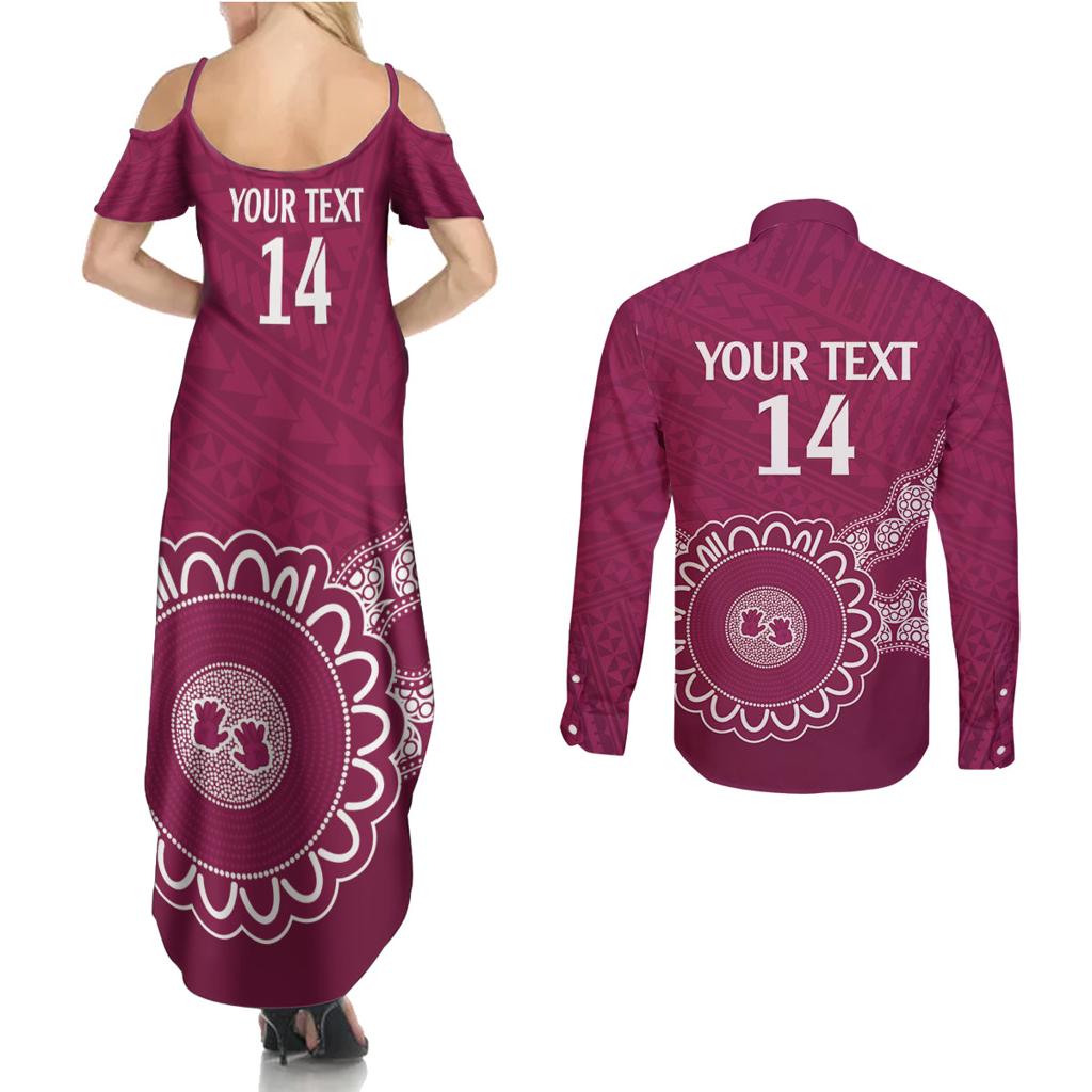 Custom QLD Maroons Rugby Couples Matching Summer Maxi Dress and Long Sleeve Button Shirt Aussie Aboriginal Mix Polynesian Pattern