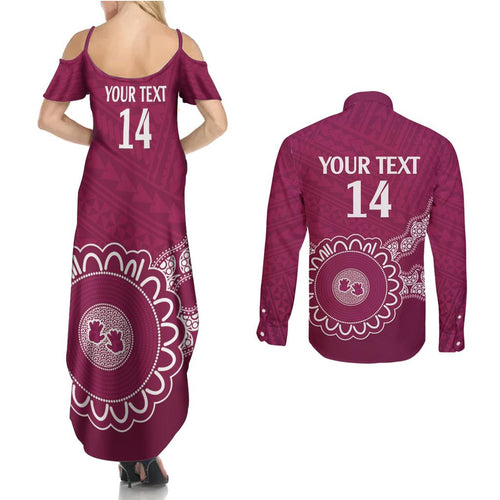 Custom QLD Maroons Rugby Couples Matching Summer Maxi Dress and Long Sleeve Button Shirt Aussie Aboriginal Mix Polynesian Pattern