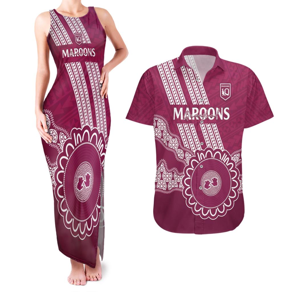 Custom QLD Maroons Rugby Couples Matching Tank Maxi Dress and Hawaiian Shirt Aussie Aboriginal Mix Polynesian Pattern