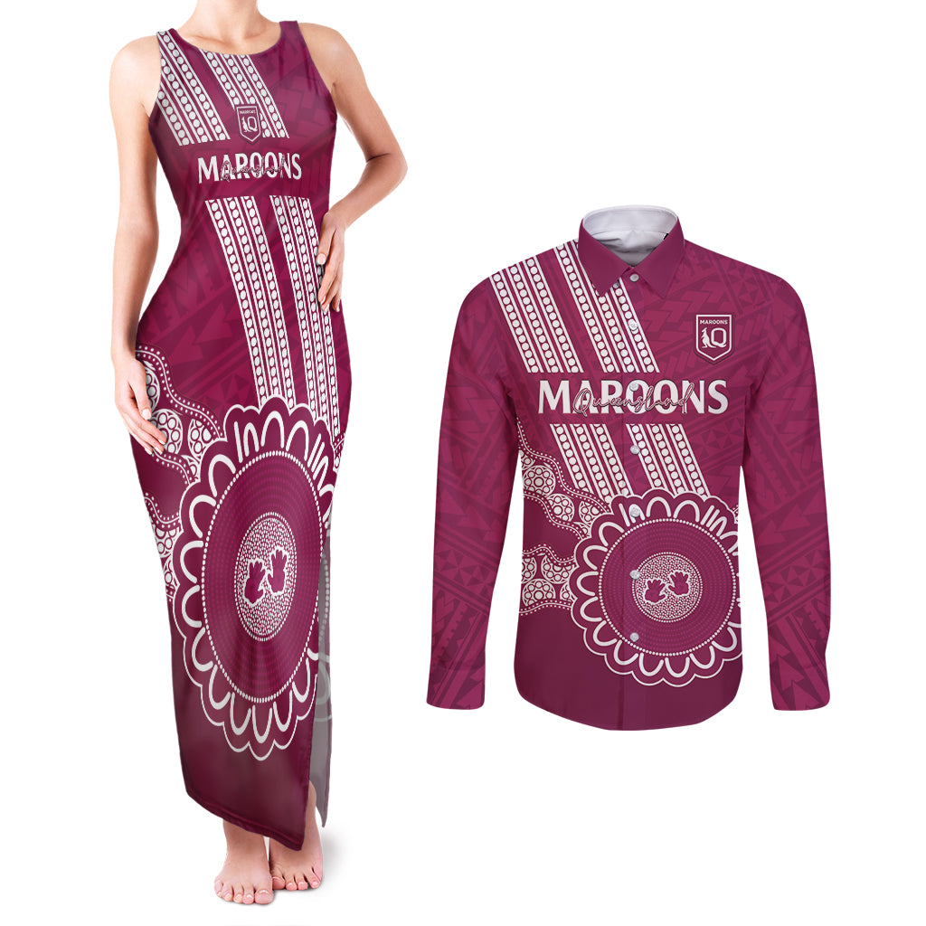 Custom QLD Maroons Rugby Couples Matching Tank Maxi Dress and Long Sleeve Button Shirt Aussie Aboriginal Mix Polynesian Pattern