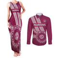 Custom QLD Maroons Rugby Couples Matching Tank Maxi Dress and Long Sleeve Button Shirt Aussie Aboriginal Mix Polynesian Pattern