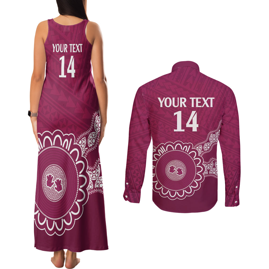 Custom QLD Maroons Rugby Couples Matching Tank Maxi Dress and Long Sleeve Button Shirt Aussie Aboriginal Mix Polynesian Pattern
