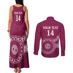 Custom QLD Maroons Rugby Couples Matching Tank Maxi Dress and Long Sleeve Button Shirt Aussie Aboriginal Mix Polynesian Pattern