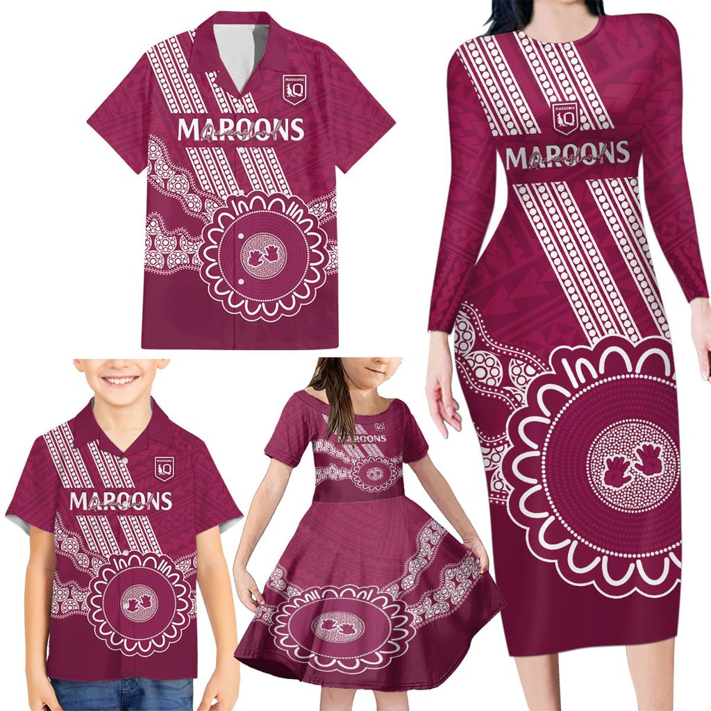 Custom QLD Maroons Rugby Family Matching Long Sleeve Bodycon Dress and Hawaiian Shirt Aussie Aboriginal Mix Polynesian Pattern