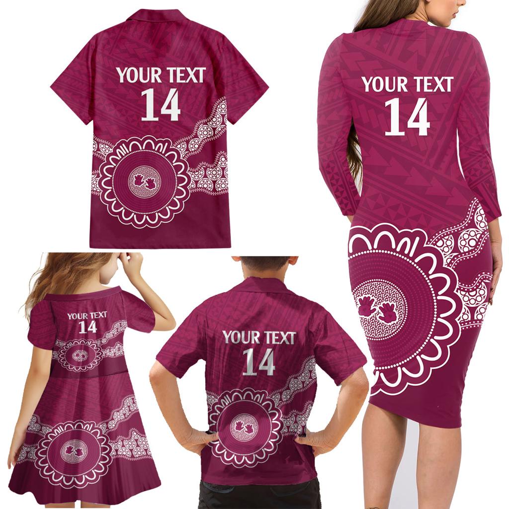 Custom QLD Maroons Rugby Family Matching Long Sleeve Bodycon Dress and Hawaiian Shirt Aussie Aboriginal Mix Polynesian Pattern