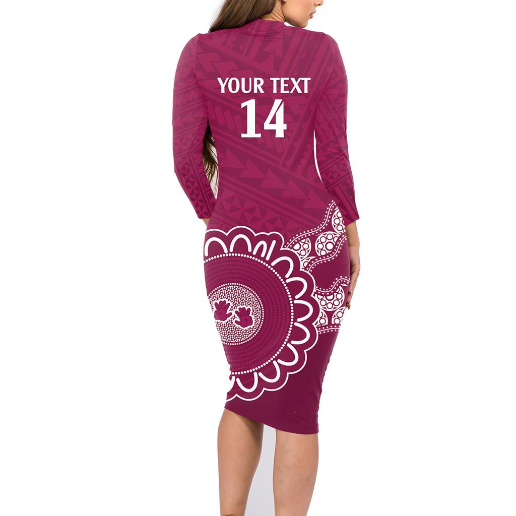 Custom QLD Maroons Rugby Family Matching Long Sleeve Bodycon Dress and Hawaiian Shirt Aussie Aboriginal Mix Polynesian Pattern