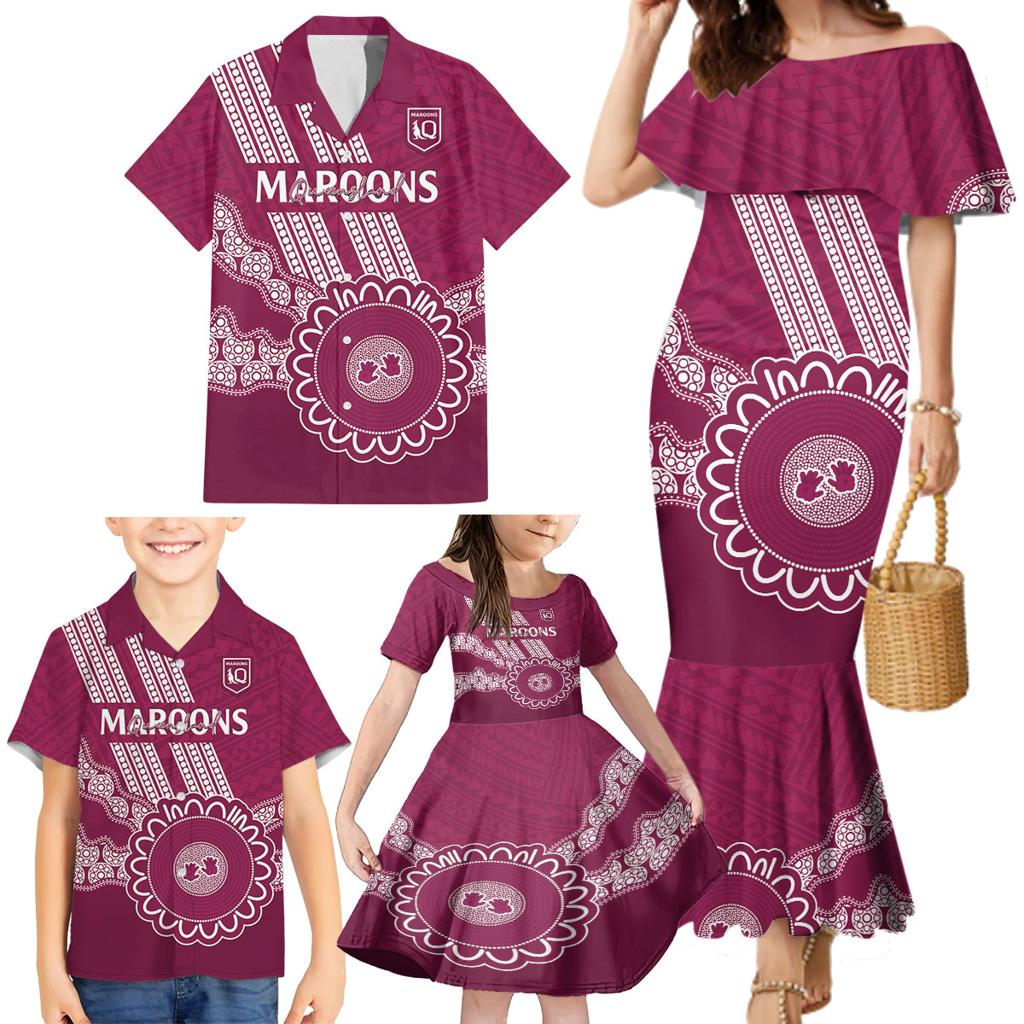 Custom QLD Maroons Rugby Family Matching Mermaid Dress and Hawaiian Shirt Aussie Aboriginal Mix Polynesian Pattern