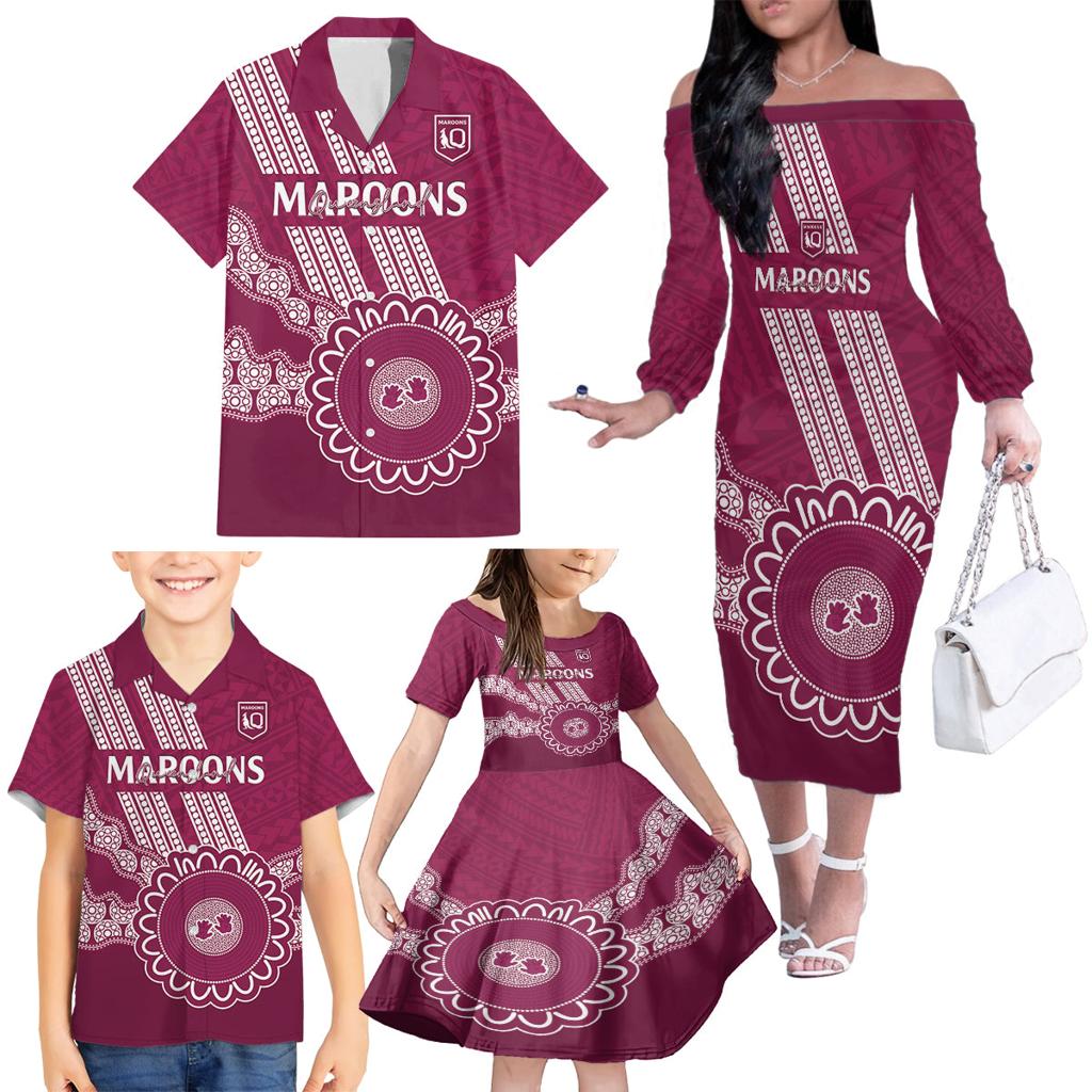 Custom QLD Maroons Rugby Family Matching Off The Shoulder Long Sleeve Dress and Hawaiian Shirt Aussie Aboriginal Mix Polynesian Pattern