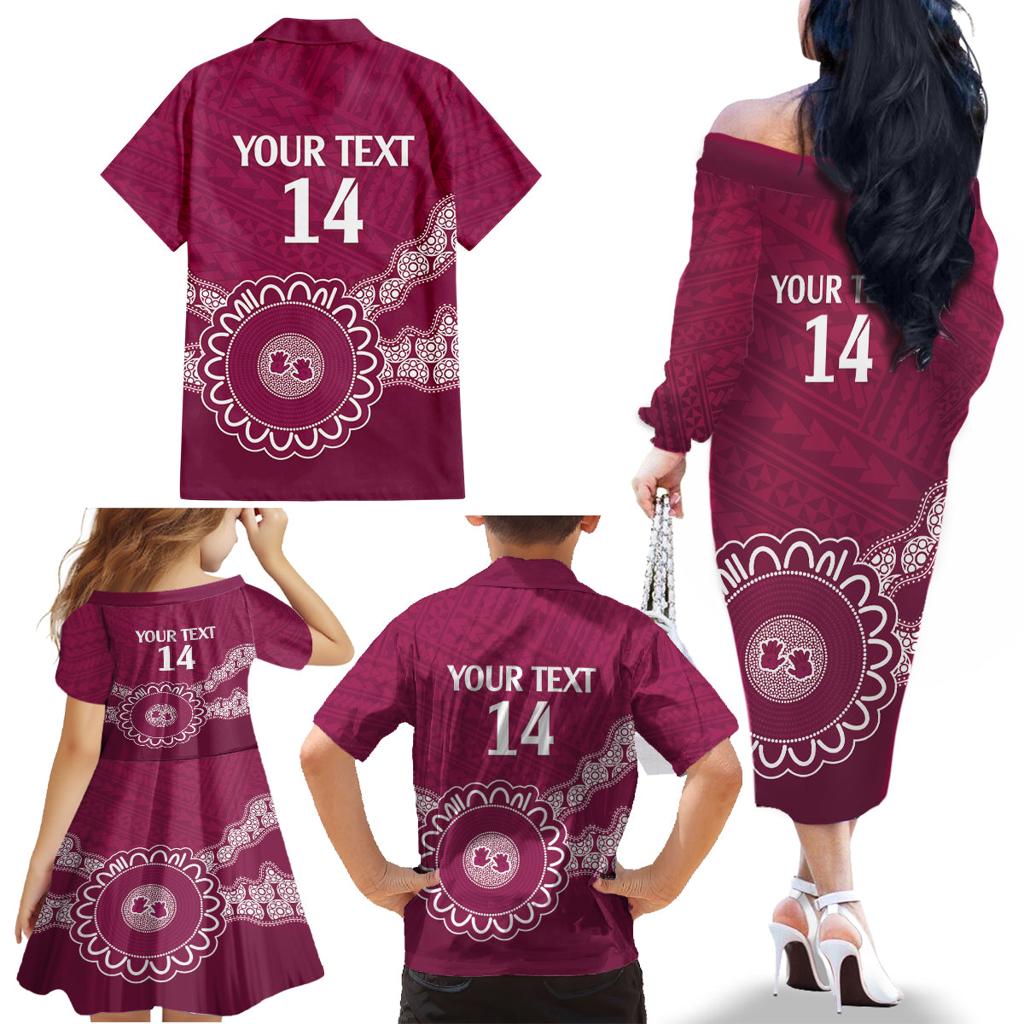 Custom QLD Maroons Rugby Family Matching Off The Shoulder Long Sleeve Dress and Hawaiian Shirt Aussie Aboriginal Mix Polynesian Pattern