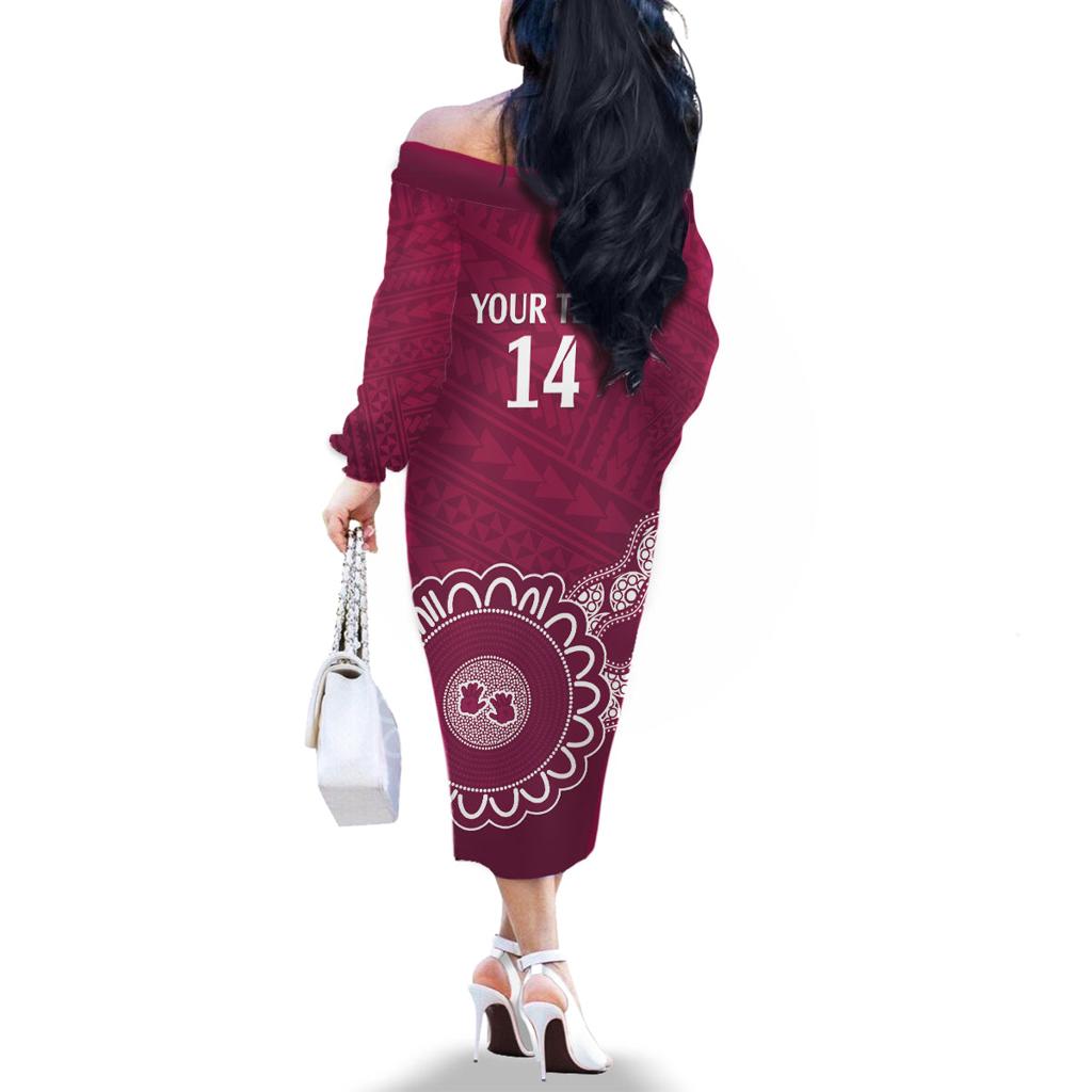 Custom QLD Maroons Rugby Family Matching Off The Shoulder Long Sleeve Dress and Hawaiian Shirt Aussie Aboriginal Mix Polynesian Pattern