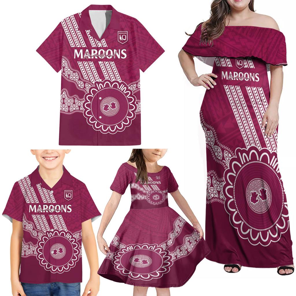 Custom QLD Maroons Rugby Family Matching Off Shoulder Maxi Dress and Hawaiian Shirt Aussie Aboriginal Mix Polynesian Pattern