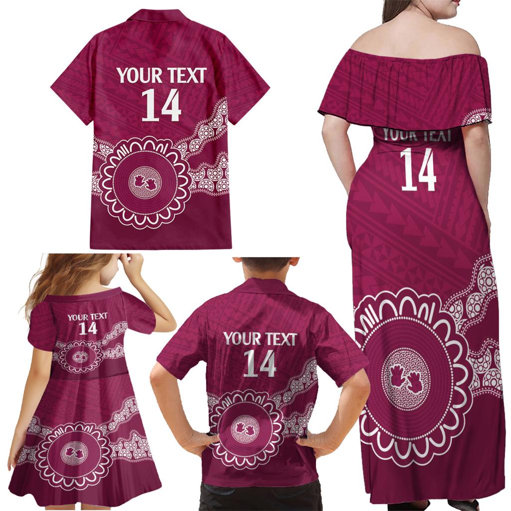 Custom QLD Maroons Rugby Family Matching Off Shoulder Maxi Dress and Hawaiian Shirt Aussie Aboriginal Mix Polynesian Pattern