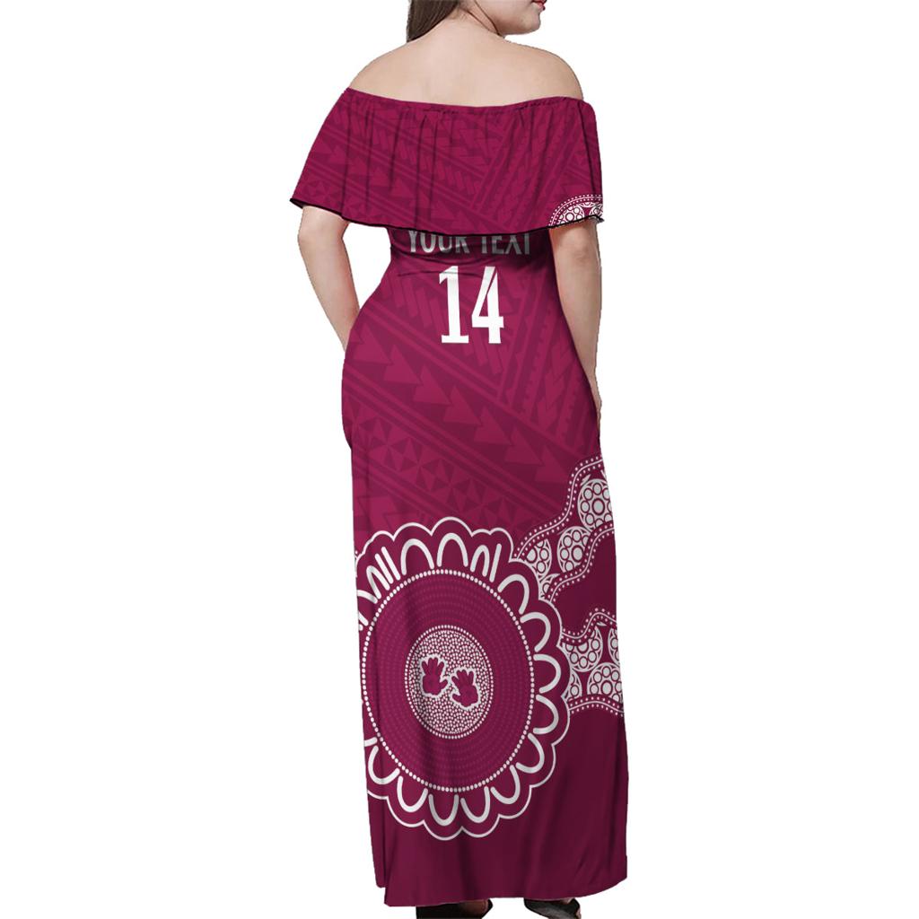 Custom QLD Maroons Rugby Family Matching Off Shoulder Maxi Dress and Hawaiian Shirt Aussie Aboriginal Mix Polynesian Pattern