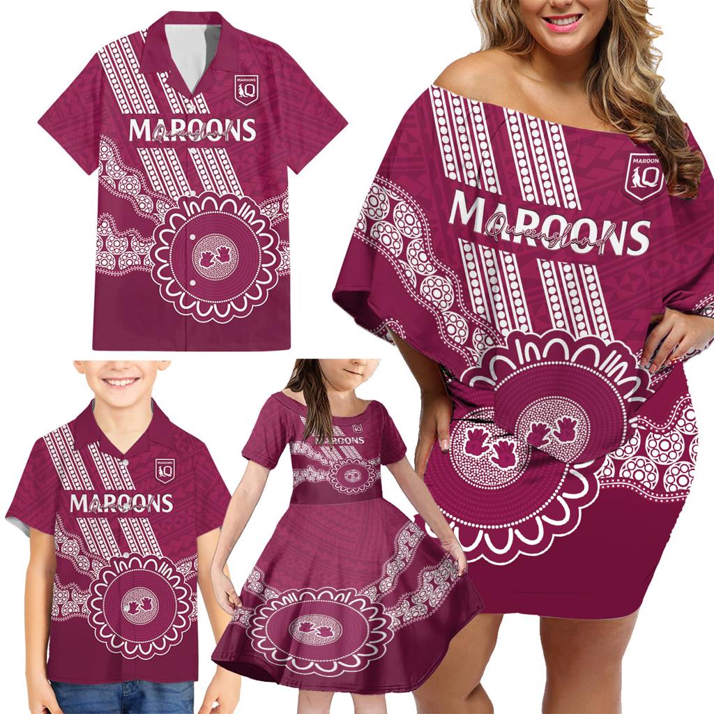 Custom QLD Maroons Rugby Family Matching Off Shoulder Short Dress and Hawaiian Shirt Aussie Aboriginal Mix Polynesian Pattern