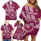 Custom QLD Maroons Rugby Family Matching Off Shoulder Short Dress and Hawaiian Shirt Aussie Aboriginal Mix Polynesian Pattern