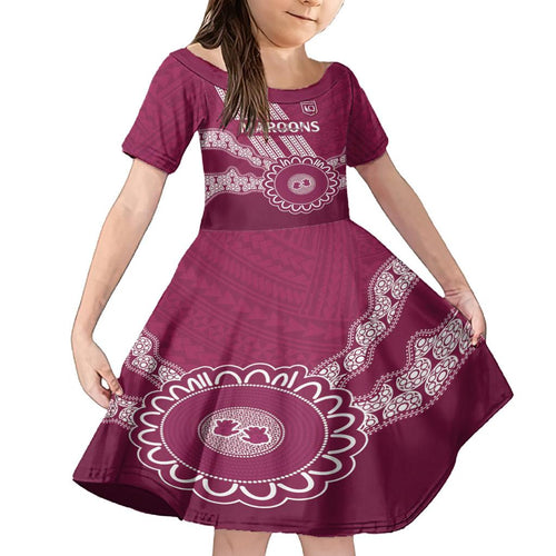 Custom QLD Maroons Rugby Family Matching Off Shoulder Short Dress and Hawaiian Shirt Aussie Aboriginal Mix Polynesian Pattern