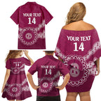 Custom QLD Maroons Rugby Family Matching Off Shoulder Short Dress and Hawaiian Shirt Aussie Aboriginal Mix Polynesian Pattern