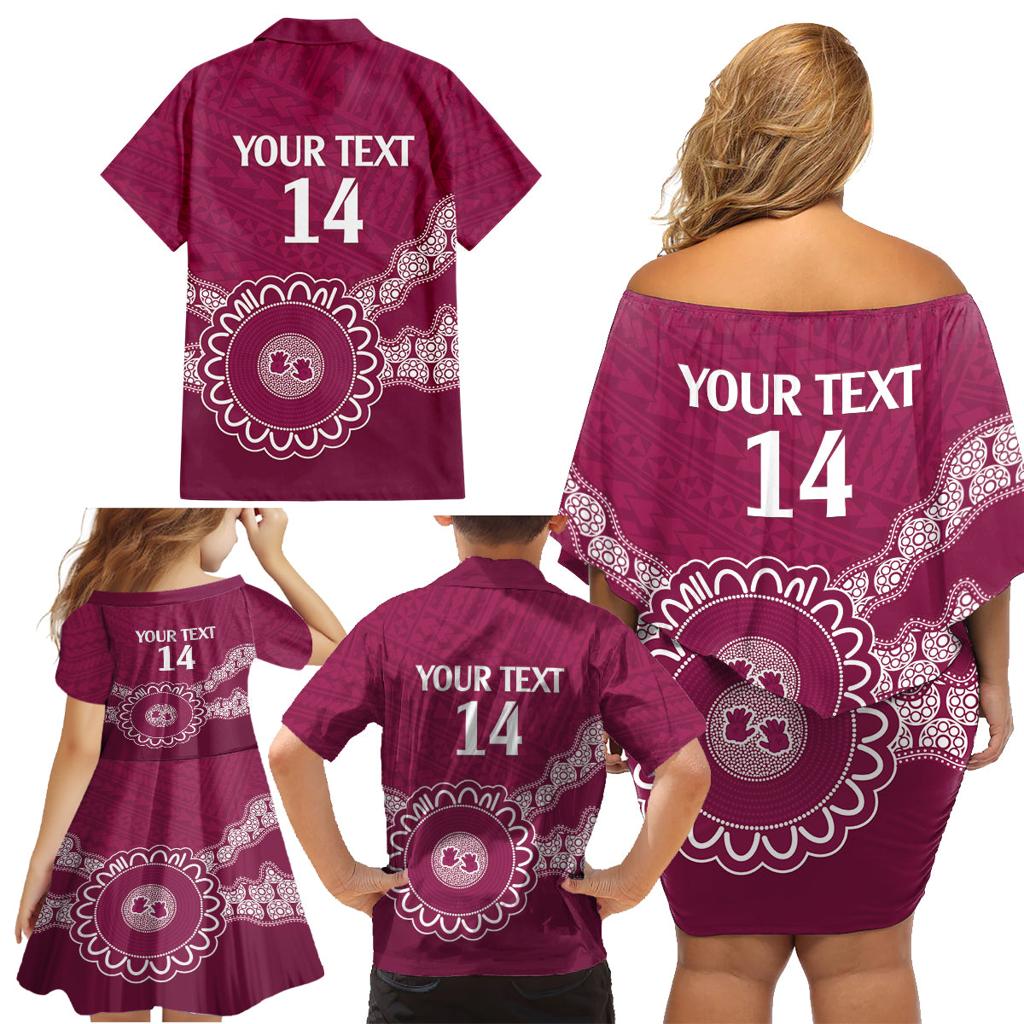 Custom QLD Maroons Rugby Family Matching Off Shoulder Short Dress and Hawaiian Shirt Aussie Aboriginal Mix Polynesian Pattern