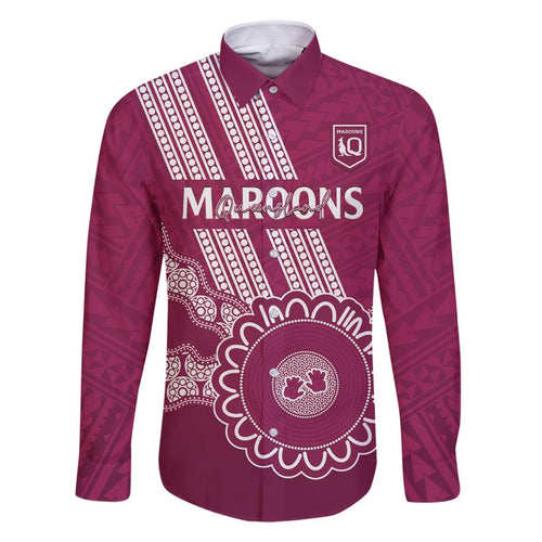 Custom QLD Maroons Rugby Family Matching Off Shoulder Short Dress and Hawaiian Shirt Aussie Aboriginal Mix Polynesian Pattern