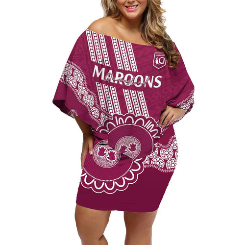 Custom QLD Maroons Rugby Family Matching Off Shoulder Short Dress and Hawaiian Shirt Aussie Aboriginal Mix Polynesian Pattern