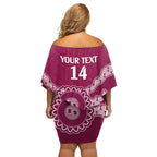 Custom QLD Maroons Rugby Family Matching Off Shoulder Short Dress and Hawaiian Shirt Aussie Aboriginal Mix Polynesian Pattern