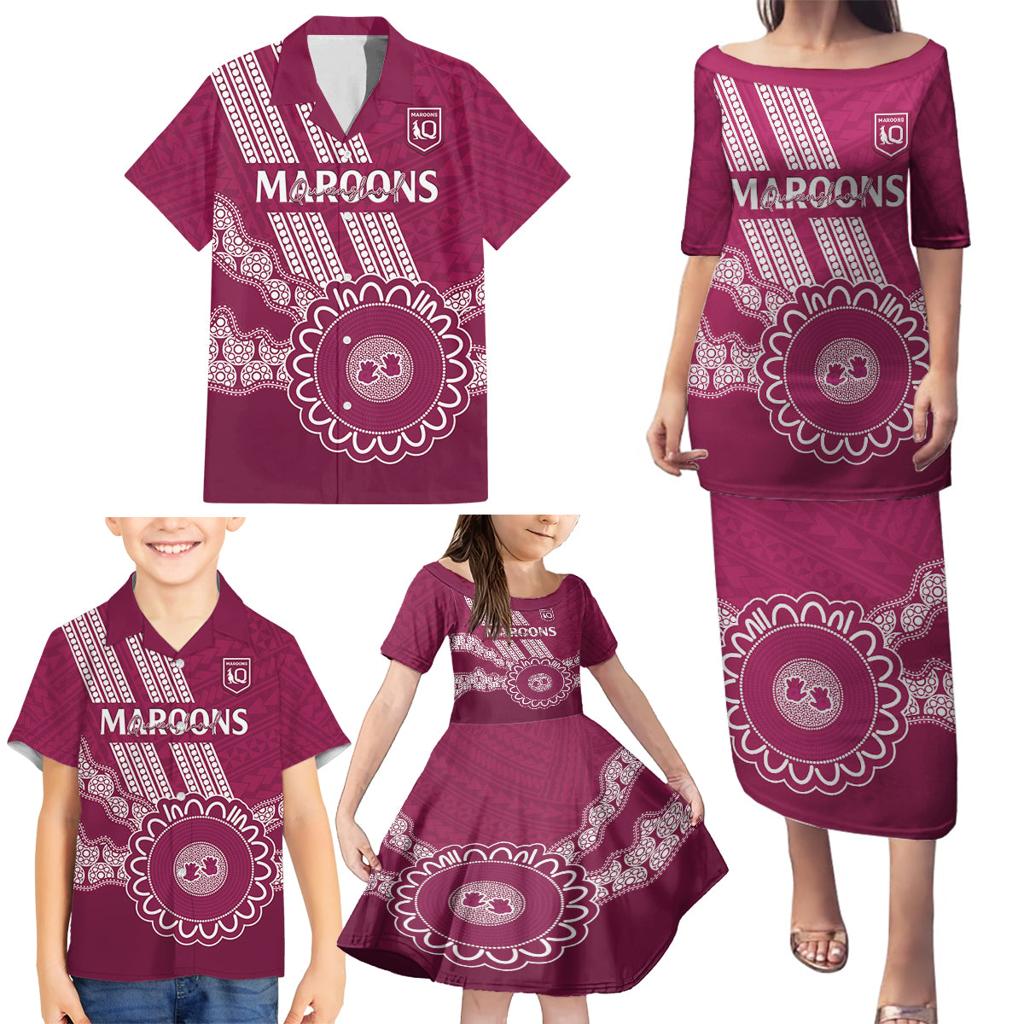 Custom QLD Maroons Rugby Family Matching Puletasi and Hawaiian Shirt Aussie Aboriginal Mix Polynesian Pattern