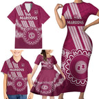 Custom QLD Maroons Rugby Family Matching Short Sleeve Bodycon Dress and Hawaiian Shirt Aussie Aboriginal Mix Polynesian Pattern