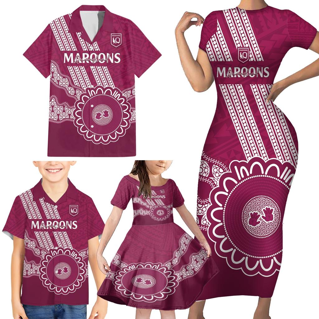 Custom QLD Maroons Rugby Family Matching Short Sleeve Bodycon Dress and Hawaiian Shirt Aussie Aboriginal Mix Polynesian Pattern