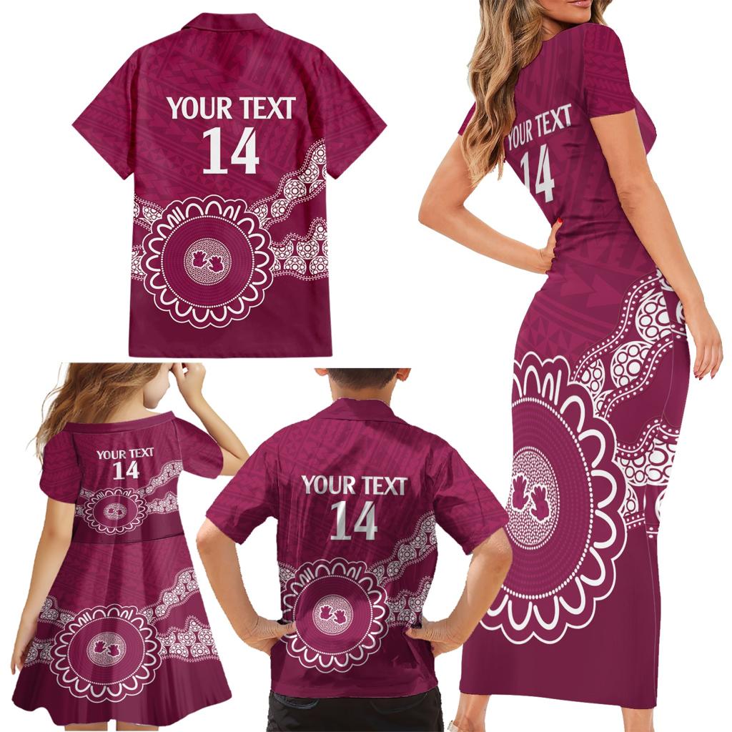 Custom QLD Maroons Rugby Family Matching Short Sleeve Bodycon Dress and Hawaiian Shirt Aussie Aboriginal Mix Polynesian Pattern