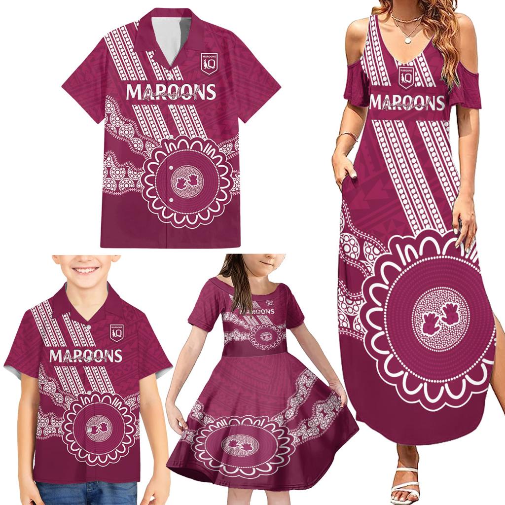 Custom QLD Maroons Rugby Family Matching Summer Maxi Dress and Hawaiian Shirt Aussie Aboriginal Mix Polynesian Pattern