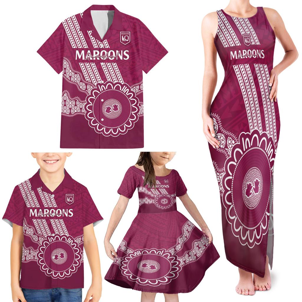 Custom QLD Maroons Rugby Family Matching Tank Maxi Dress and Hawaiian Shirt Aussie Aboriginal Mix Polynesian Pattern